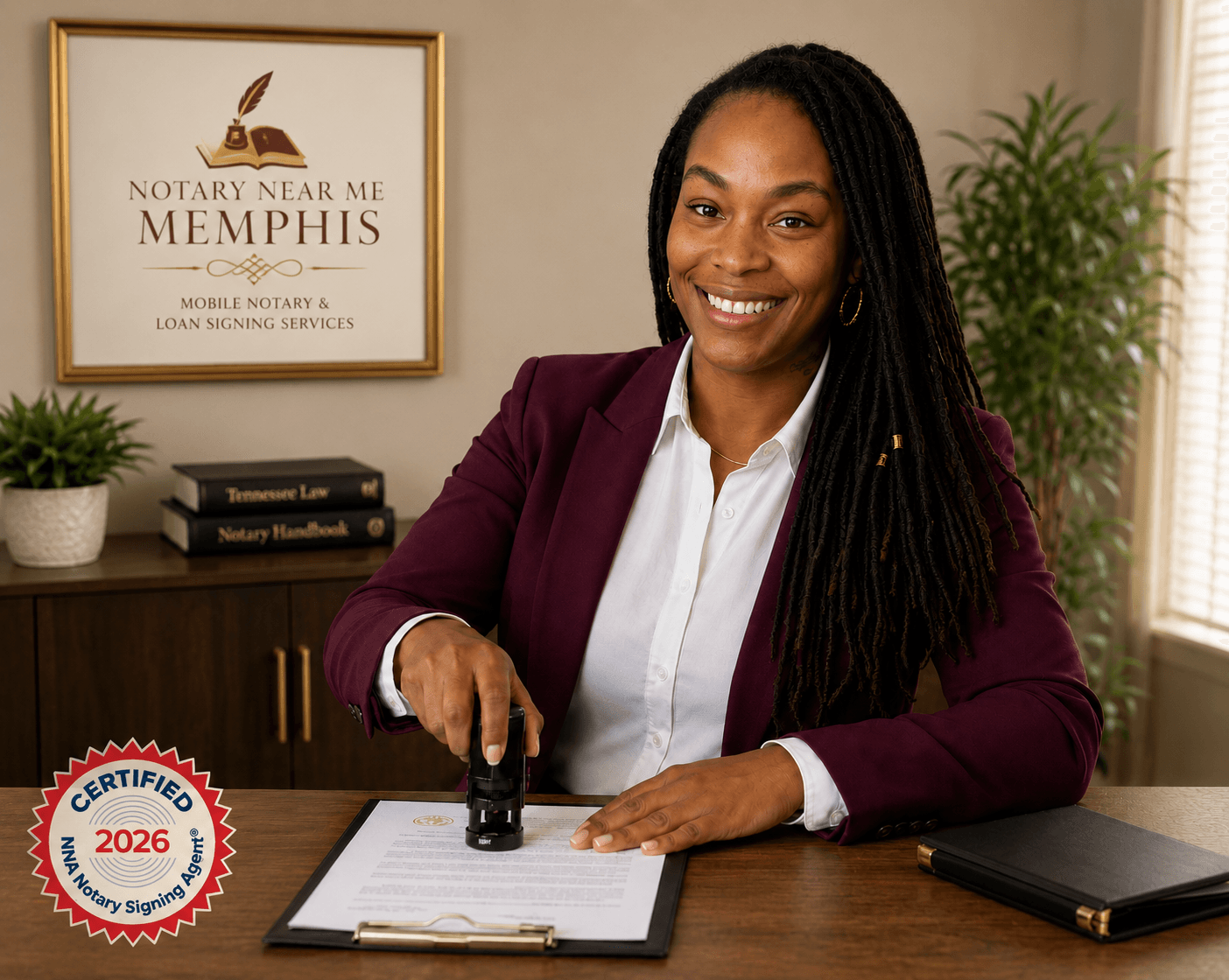 Smiling notary public in a maroon blazer stamps a document at her professional desk.