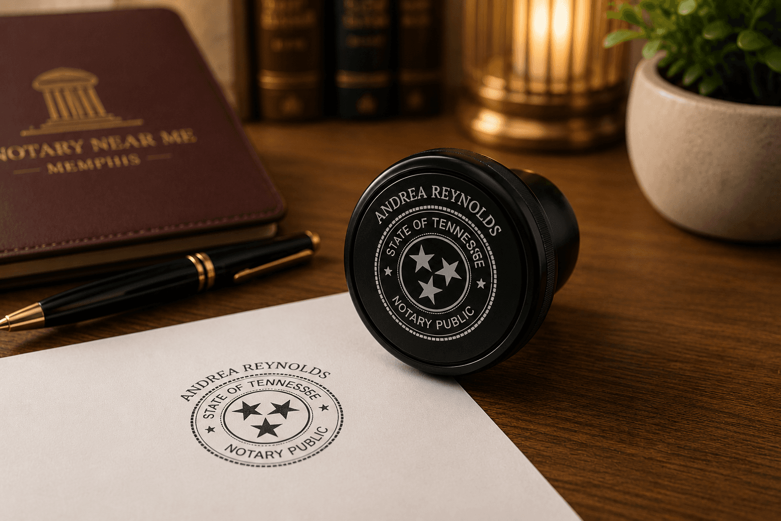 Tennessee notary public stamp and circular ink impression for Andrea Reynolds on a wooden desk.